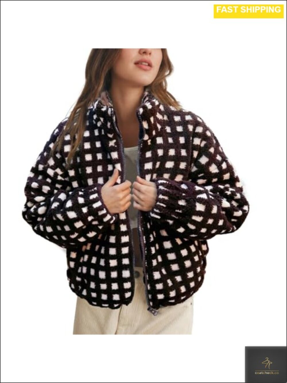 Womens Cropped Sherpa Fleece Jacket Zip Up Gingham Plaid Casual Coat